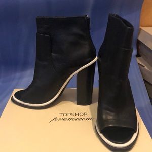 TopShop black and white leather open toe booties